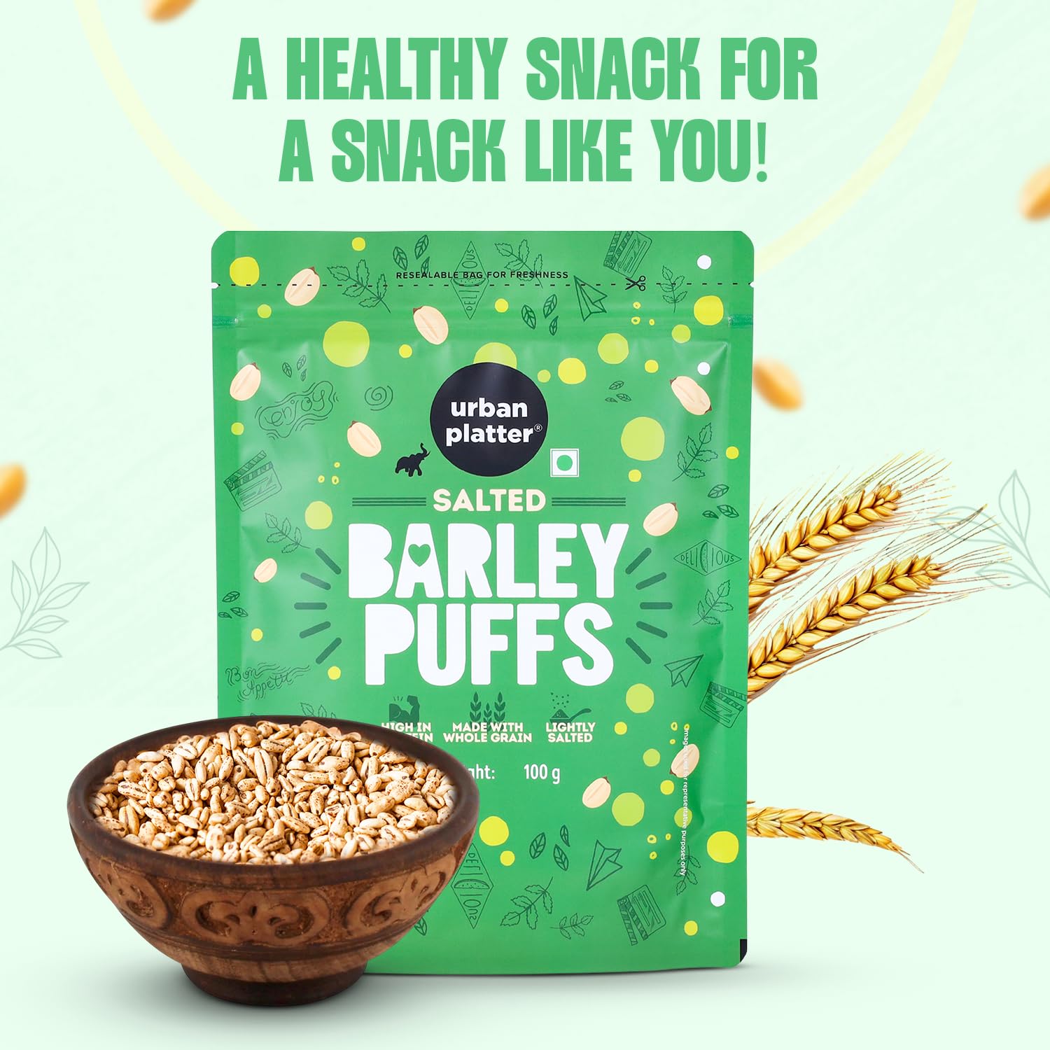 Urban Platter Barley Puff Snacks - 100g | Lightly Salted, High Protein, Whole Grain, Low Fat | Healthy On-the-Go Snack for Work, School & Travel