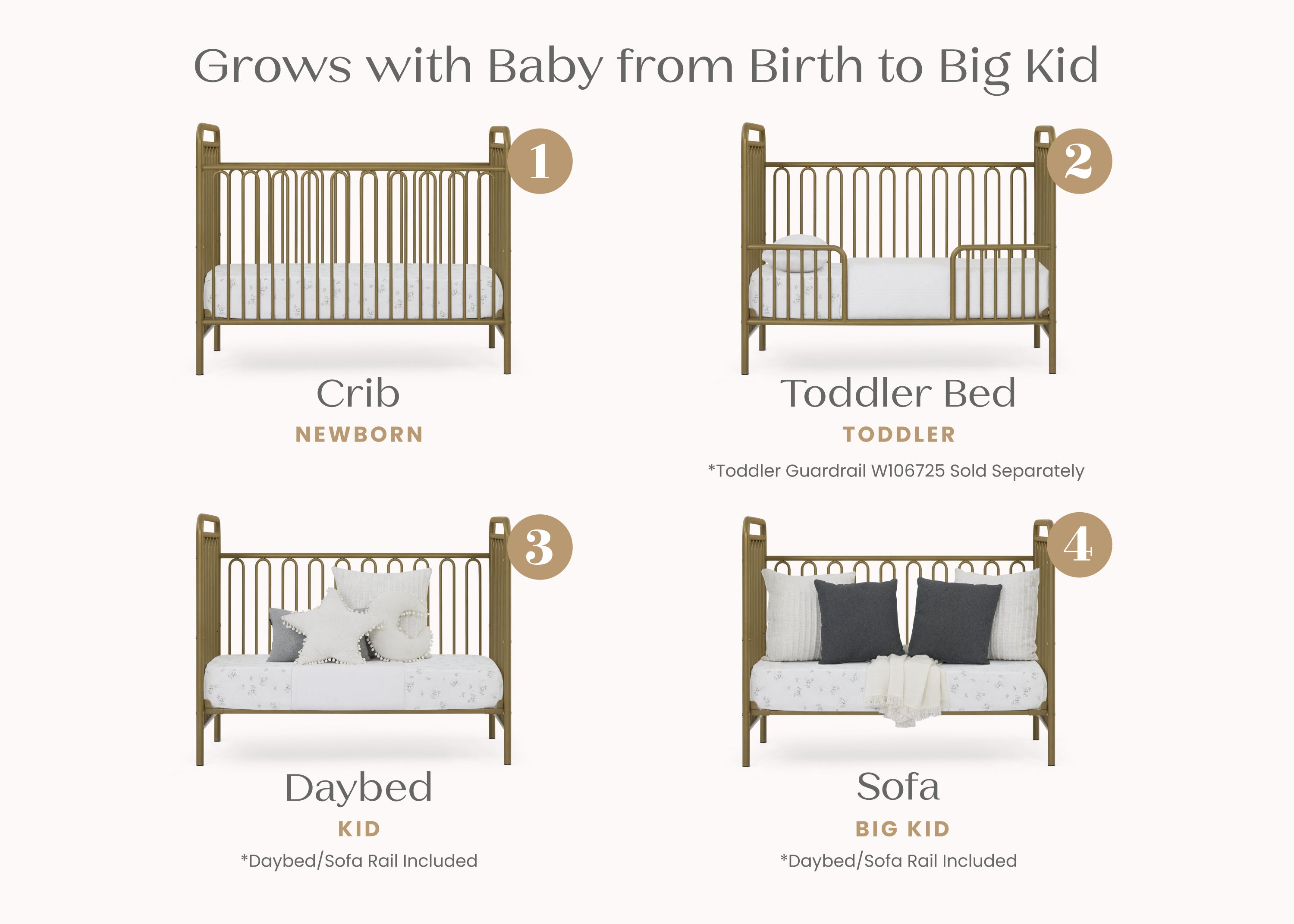 Darcy 4-in-1 Convertible Metal Baby Crib - Toddler Bed, Daybed & Full-Size Bed Conversion - Modern Nursery Furniture for Newborns to Teens (White) | Perfect for Small Spaces & Growing Families