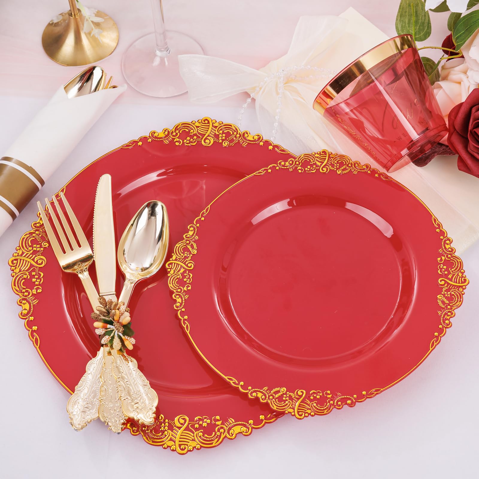 Nervure 175-Piece Disposable Red Plastic Party Dinnerware Set - 50 Plates, 75 Silverware, 25 Cups & 25 Napkins for Christmas, Birthday & Holiday Celebrations - Perfect for 25 Guests at Weddings, BBQs & Family Gatherings