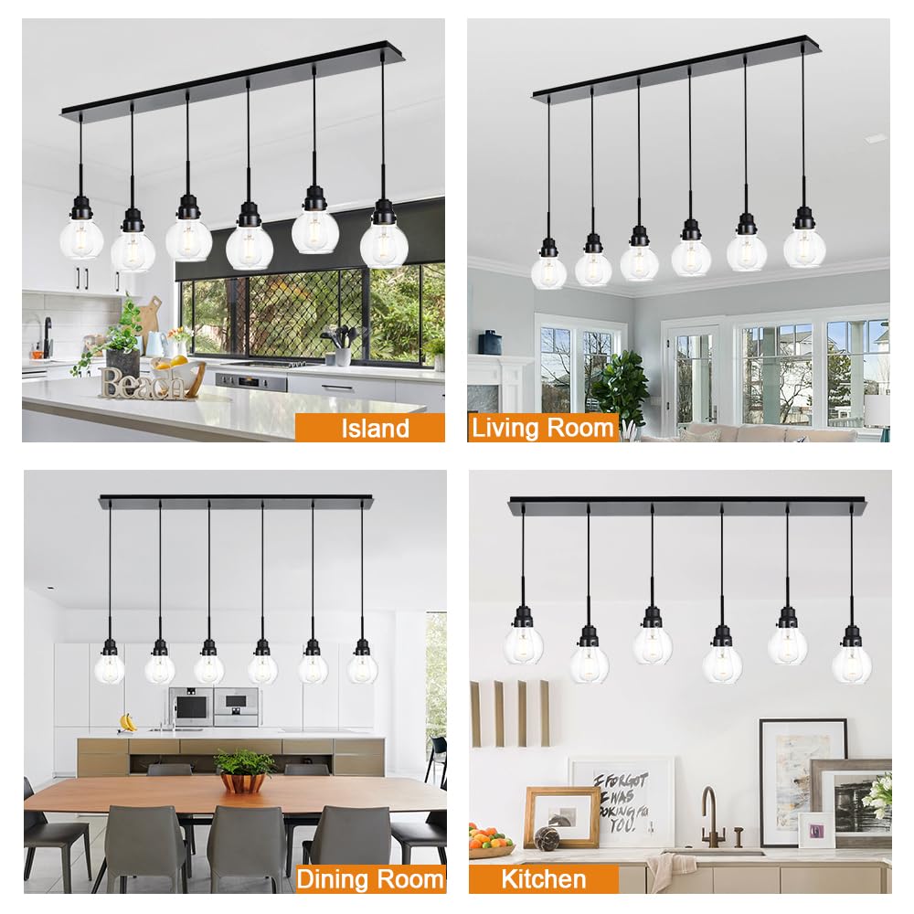 VINLUZ 6-Light Adjustable Black Rustic Farmhouse Pendant Lighting with Clear Glass Shade - Kitchen Island Chandelier for Dining Room, Cafe & Bar Ceiling Decor