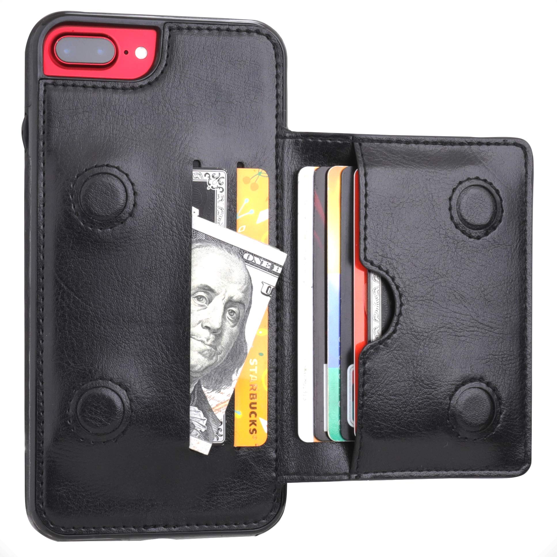 Premium Leather Wallet Case for iPhone 7 Plus/8 Plus - Credit Card Holder & Kickstand | Durable Shockproof Protective Cover (5.5 Inch, Black) | Perfect for Business Travel & Everyday Use