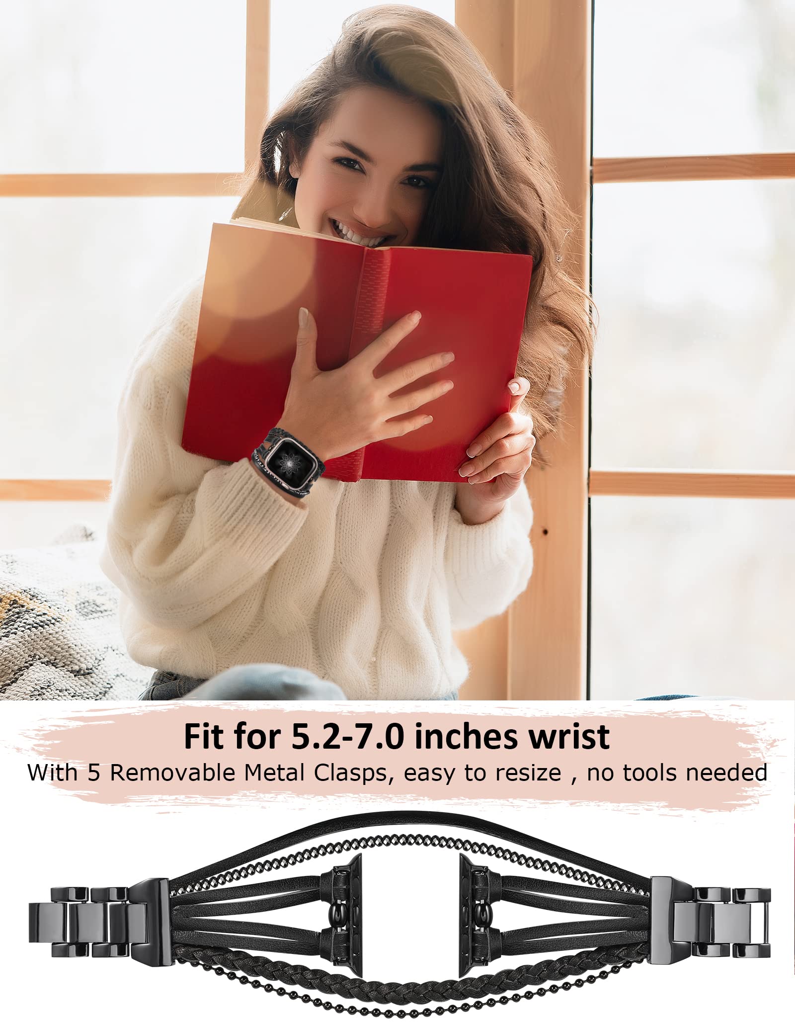 Boho Leather Apple Watch Band 38mm 40mm 41mm 42mm - Handmade Beaded Strap Compatible with Apple Watch Series 10/9/8/7/6/5/4/3/2/1/SE - Stylish Wristband for Women - Perfect for Casual Wear, Boho Fashion & Everyday Accessories