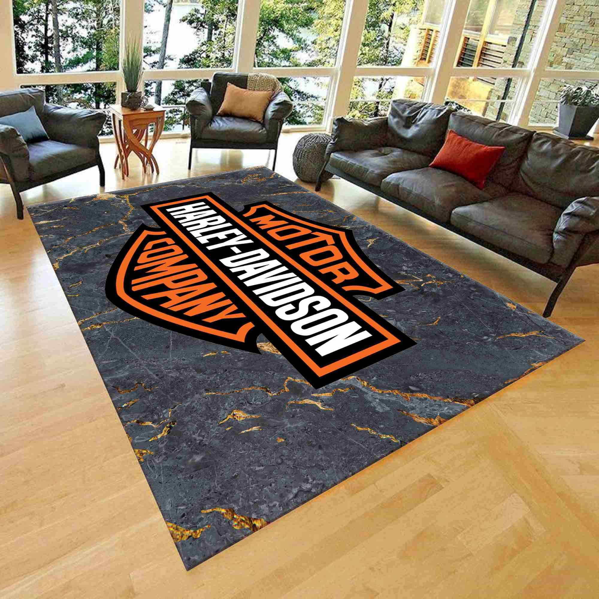 Harley Davidson Themed Rug - 55”x78” (140x200cm) Modern Area Rug for Living Room, Bedroom, Home Decor | Durable Carpet for Biker Fans & Harley Gifts | Perfect for Man Cave, Motorcycle Lounge & Western Style Decor