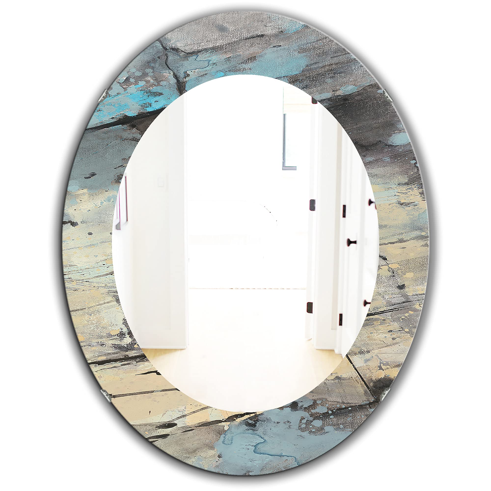 Designart 'Rock Teal Panel II' Modern Framed Wall Mirror - Large 24x32 Inch Oval/Round Decorative Mirror in Beige - Perfect for Living Room, Bedroom & Entryway Decor