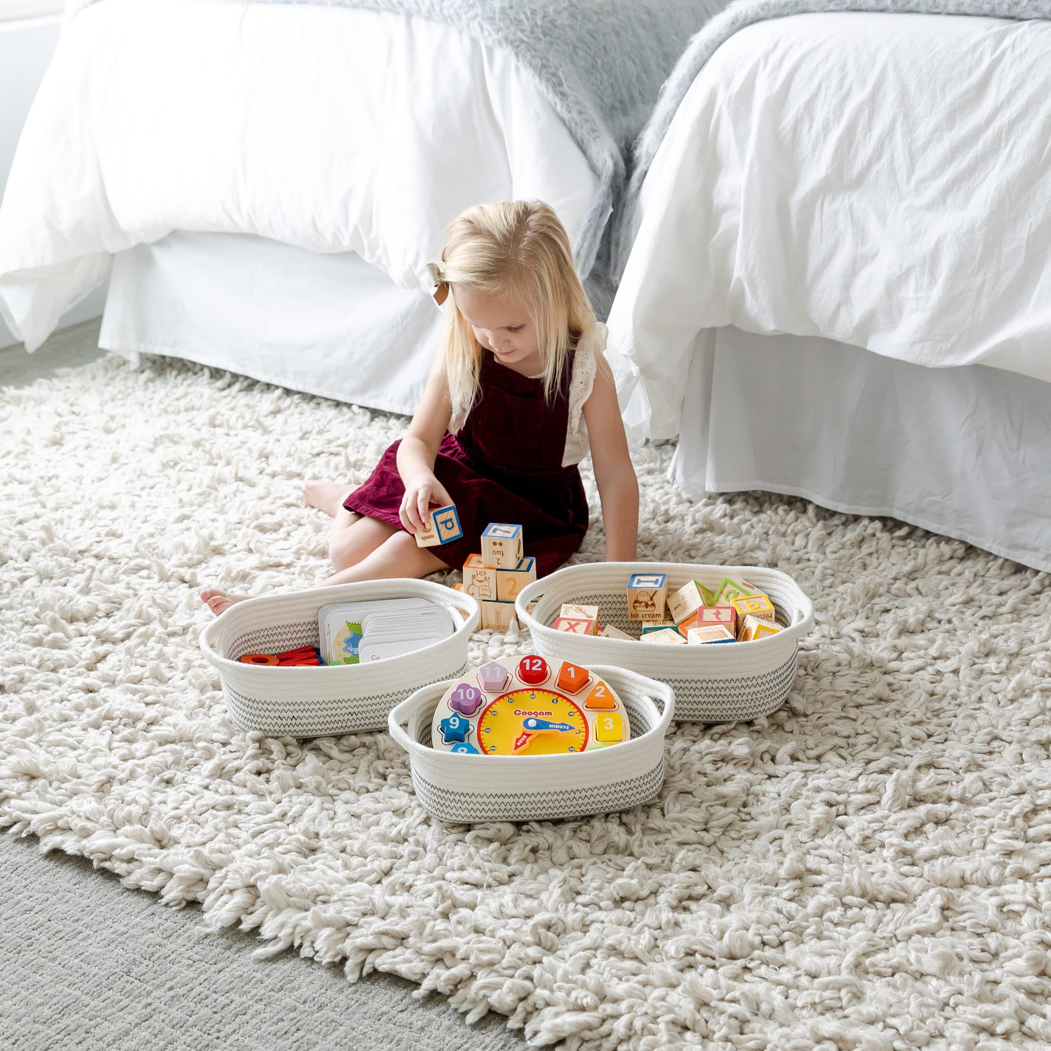 NaturalCozy 5-Piece Rectangle Storage Basket Set - Cotton Rope Woven Organizer Bins for Home, Nursery & Pet Toys | Perfect for Montessori, Baby Room, Dog & Cat Toy Storage, Bathroom Organization & Clutter Control