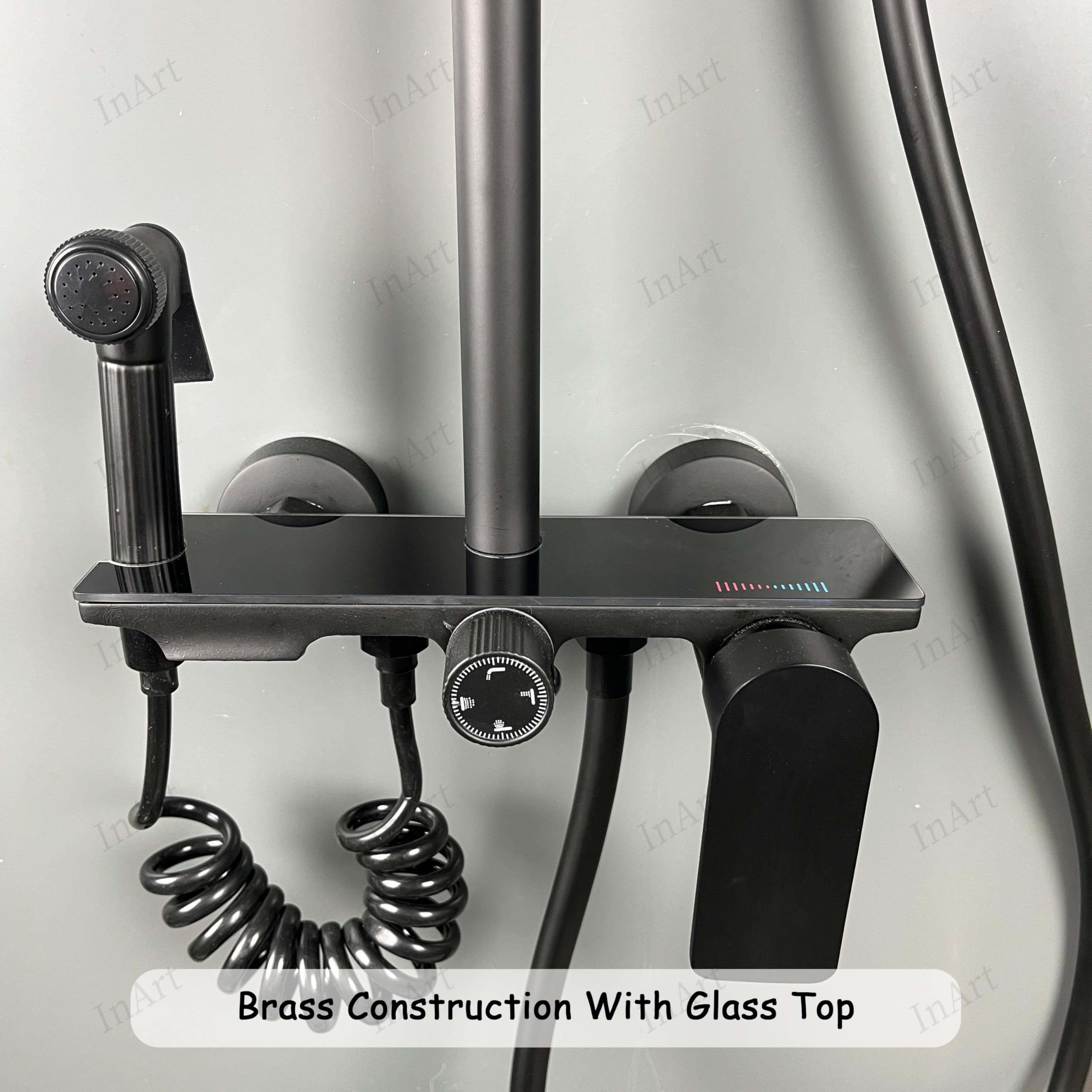 Premium InArt Brass Wall Mount Shower Set - 4-Function Mixer System with Hand Shower, Rainfall Shower Head & Jet Spray - Matte Black Bathroom Fixture for Luxurious Spa Experience at Home