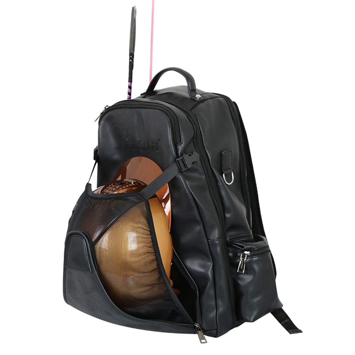UNISTRENGH Professional Equestrian Backpack with Hidden Mesh Helmet Compartment - Waterproof Horse Riding Gear Storage Bag (Black PU Leather) - Perfect for Show Jumping, Dressage & Trail Riding
