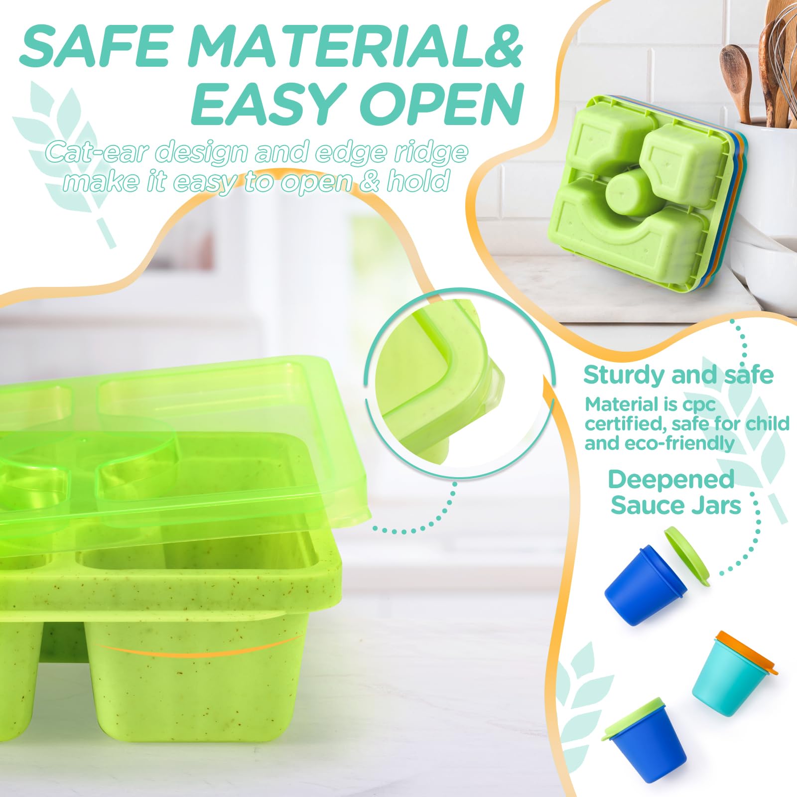 QQKO 4-Pack Bento Box for Adults & Kids - Reusable Divided Lunch Containers with Lids & Sauce Cups - Stackable Meal Prep Food Storage Containers - Perfect for School, Office, Picnics & Travel