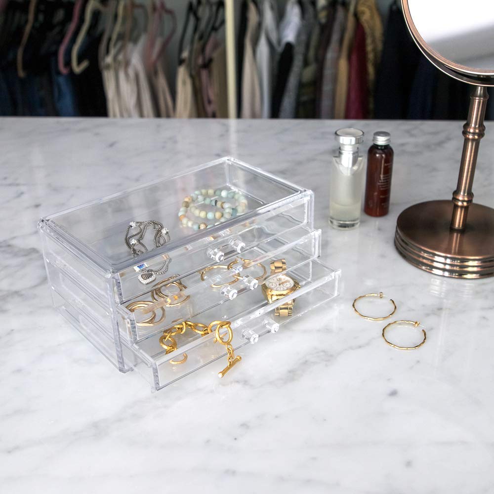 Isaac Jacobs Clear Acrylic 3-Drawer Stackable Jewelry Organizer & Makeup Storage Case - Transparent Cosmetic Organizer for Necklaces, Rings, Earrings - Perfect for Bedroom, Bathroom, Vanity & Dresser Organization
