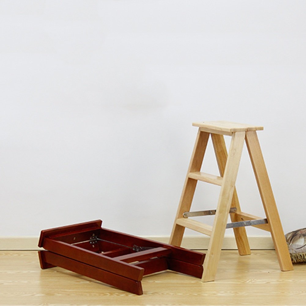 NEVKA 3-Step Solid Wood Folding Step Stool - Multifunctional Kitchen Ladder Chair, 39x50x71cm, Walnut & White (Home Use, Bathroom, Garage, Storage)