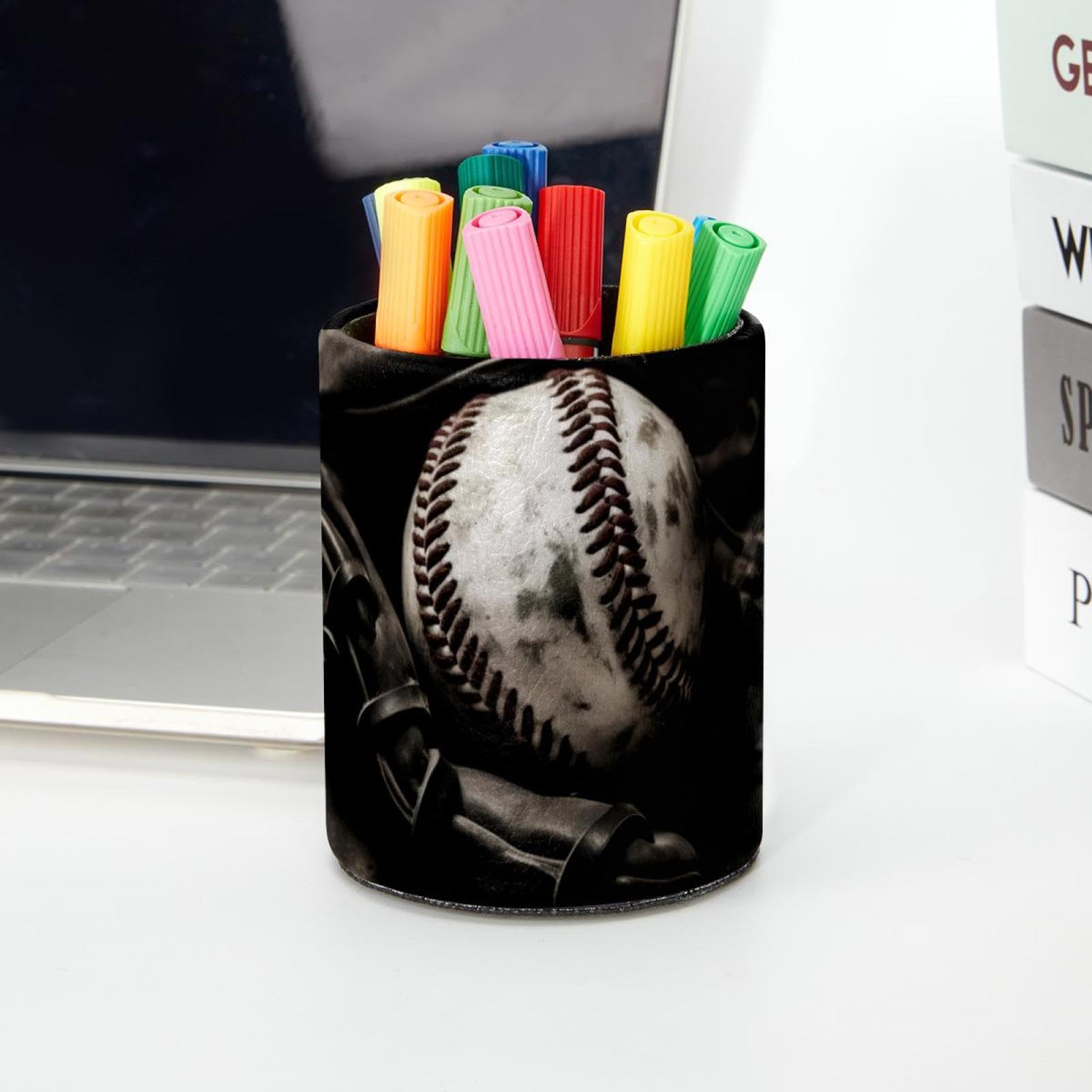 Baseball Pattern Pen Holder & Makeup Brush Organizer - Stylish Desk Pencil Cup for Office, School, and Makeup Vanity | Perfect Gift for Baseball Fans & Stationery Lovers