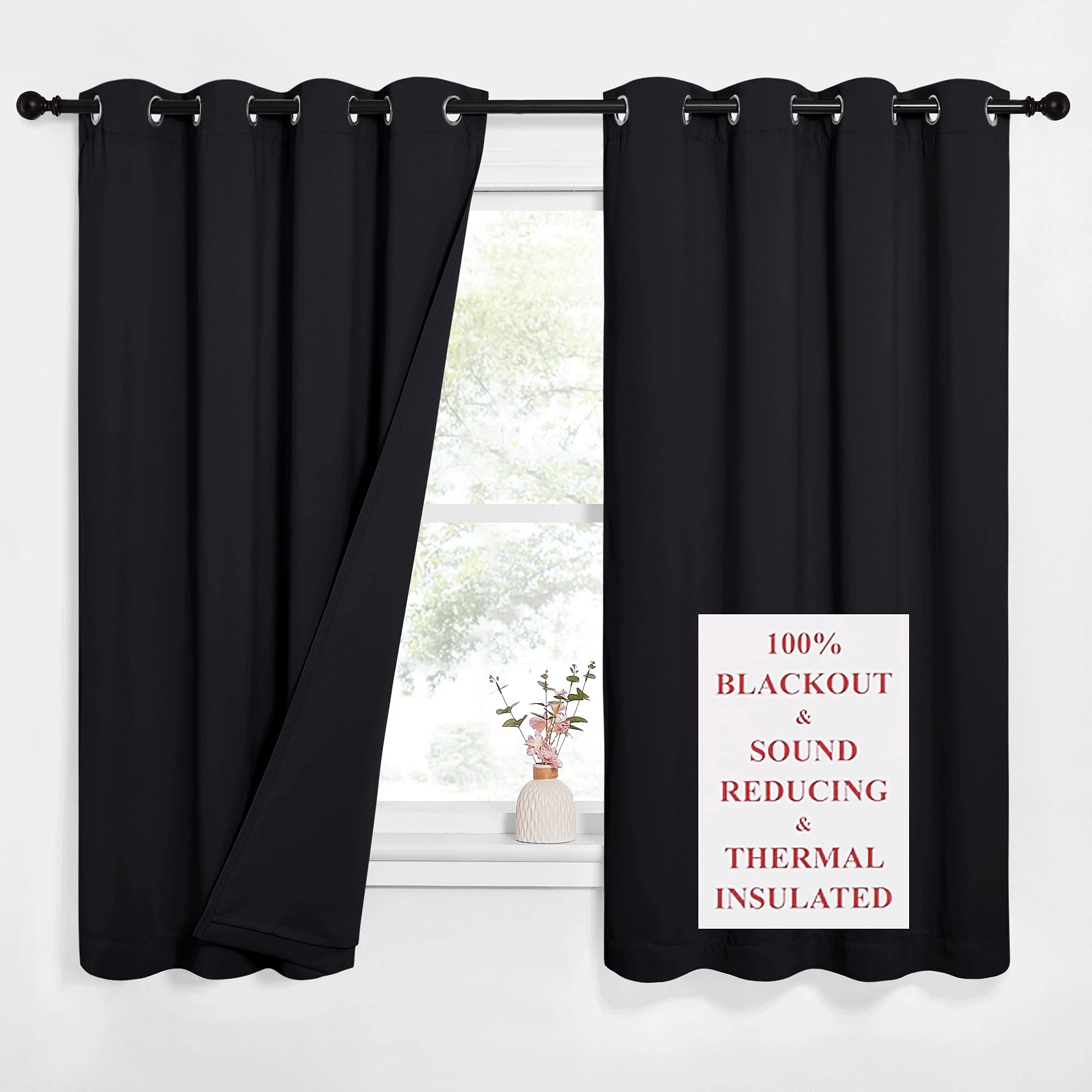 NICETOWN Blackout Curtains for Nursery & Bedroom - 100% Light Blocking, Noise Reducing, Thermal Insulated Drapes - Soundproof Window Treatments for Home, Office, Hotel (52x63 Inches, Black) - Perfect for Better Sleep, Privacy & Energy Efficiency