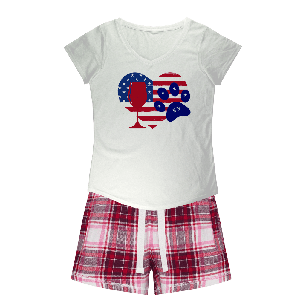 WineyBitches.Co American Wine Heart Paw Print Sleep T-Shirt & Flannel Shorts Set - Cute Pajamas for Women, Girls Night In, Wine Lovers Gift