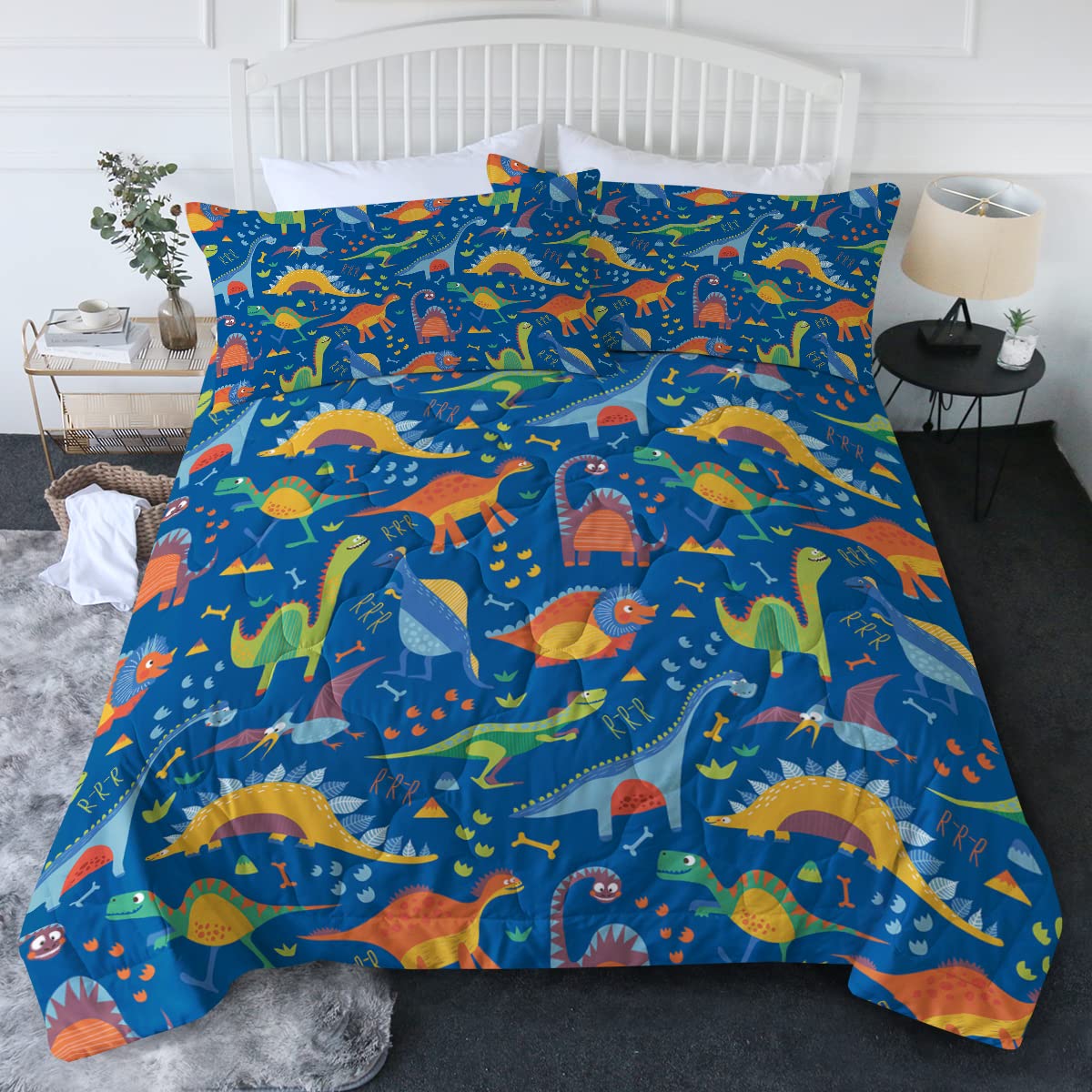 BlessLiving Dinosaur Comforter Set Twin/Twin XL - Soft Blue Kids Bedding with Matching Pillow Shams - Jurassic Themed Duvet Cover for Boys Room Decor - Perfect for Kids Bedrooms, Sleepovers & Themed Nursery Decorations