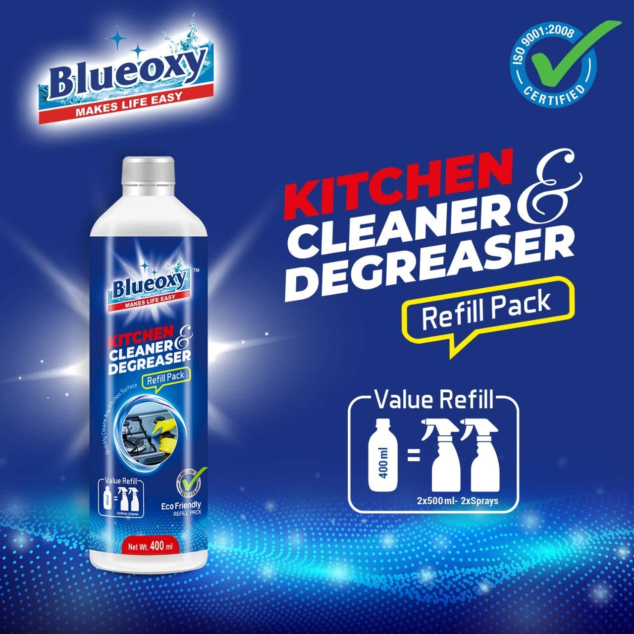 BLUEOXY Kitchen Cleaner & Degreaser Refill Pack - Heavy Duty Grease Remover for Stovetops, Ovens, Countertops | Eco-Friendly Formula | 400ml (Pack of 1) | Perfect for Deep Cleaning Kitchen Surfaces, Appliances and Removing Tough Oil Stains