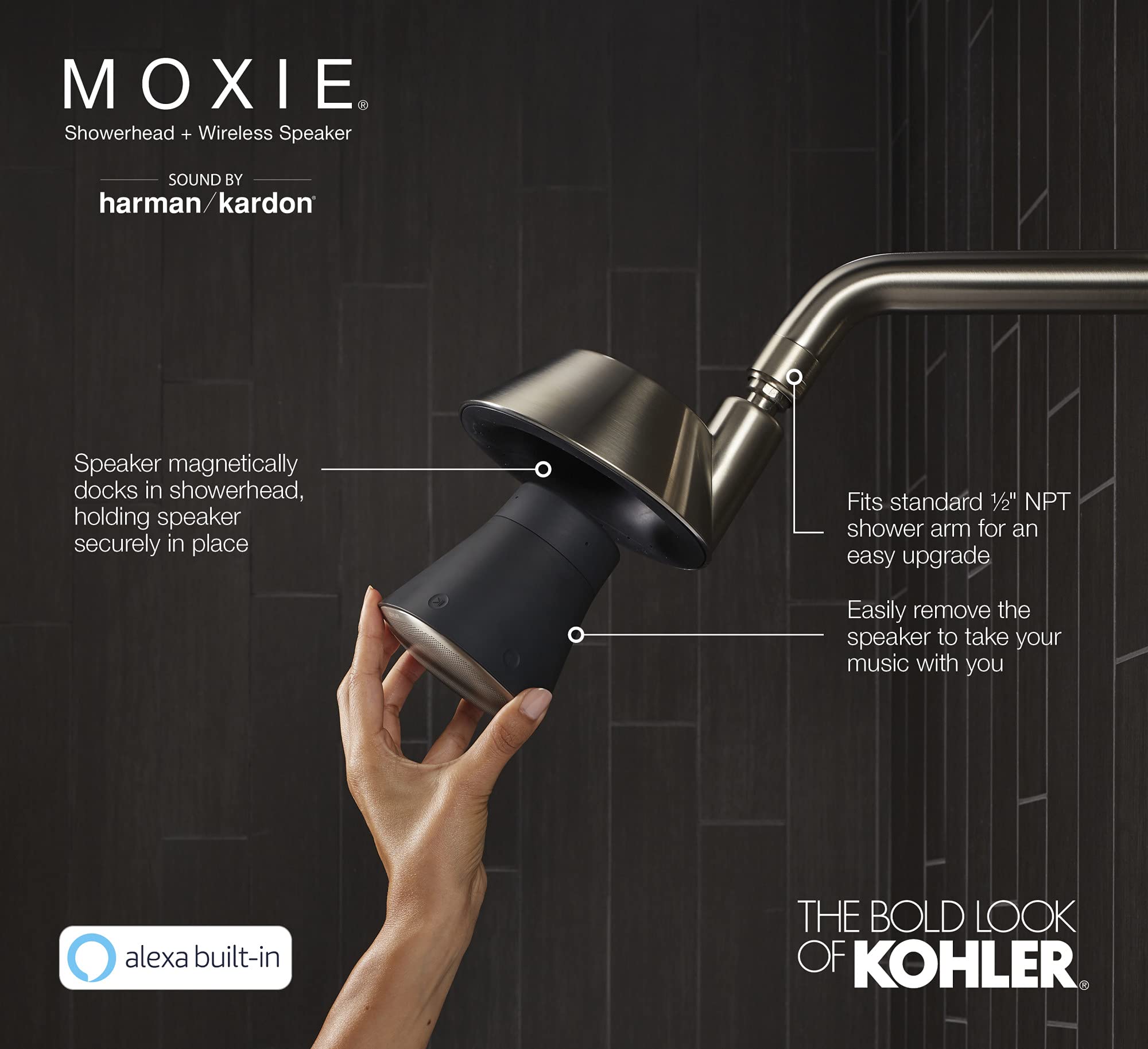 KOHLER K-28238-GKA-CP Alexa Enabled Showerhead with Bluetooth Speaker & Radio | Rechargeable Portable Shower Speaker | 1.75 GPM Water Flow | Polished Chrome Finish | Perfect for Bathroom Relaxation & Hands-Free Music Streaming