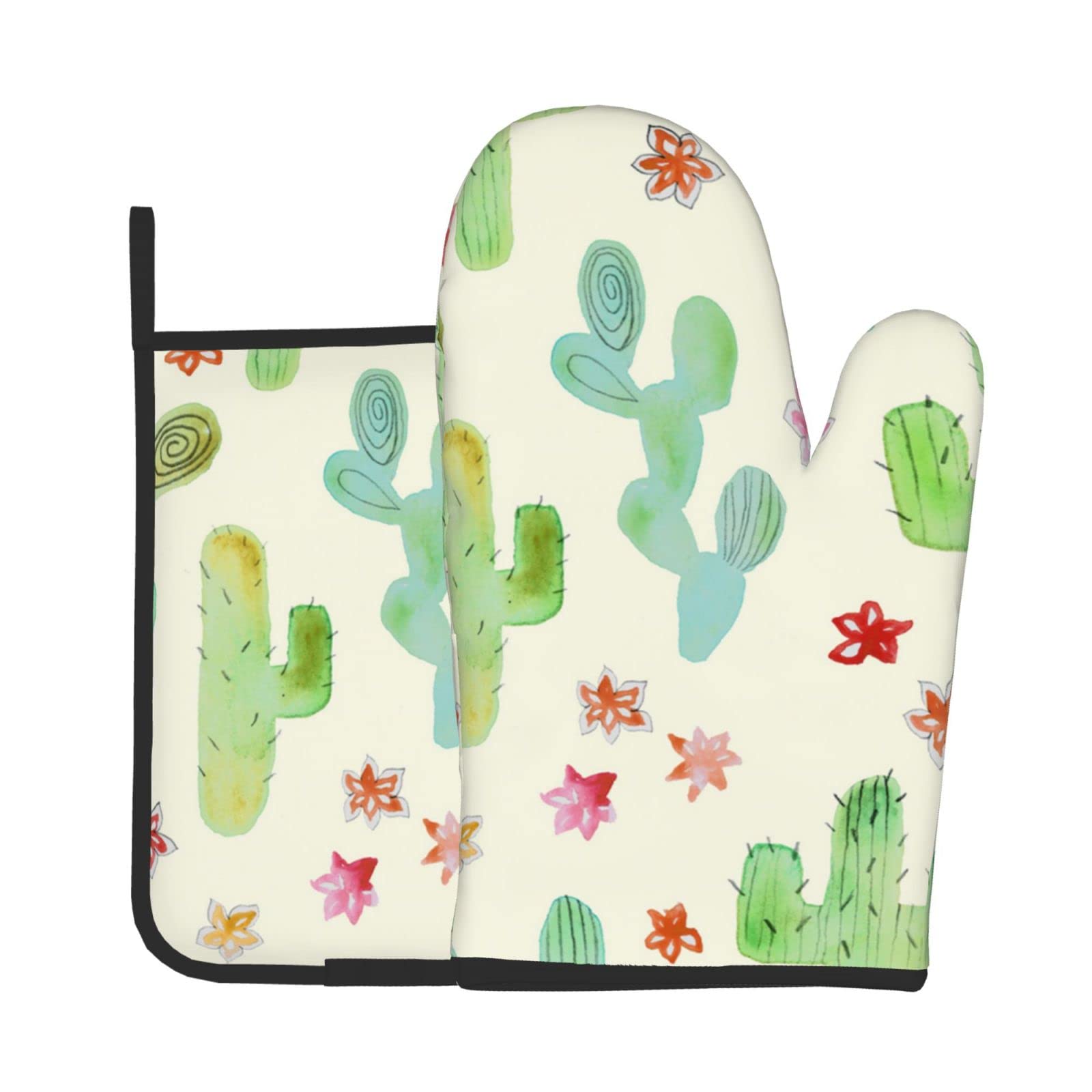 Heat Resistant Cactus Yellow Oven Mitts & Pot Holders Set - 356°F Cotton Lined Kitchen Gloves & Anti-Scald Pads for Baking, Cooking, BBQ - Perfect for Grilling, Roasting & Handling Hot Dishes