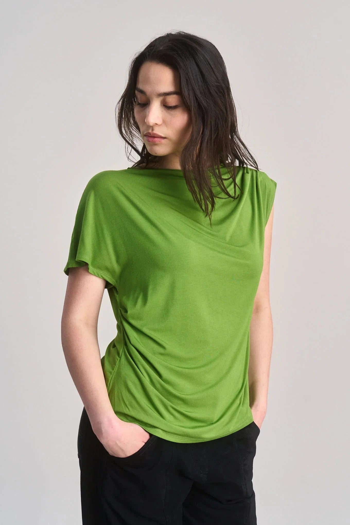 Cate Women's Soft Modal Jersey Top - Comfortable Stretch V-Neck T-Shirt in Green | Casual Wear, Layering, Everyday Outfits