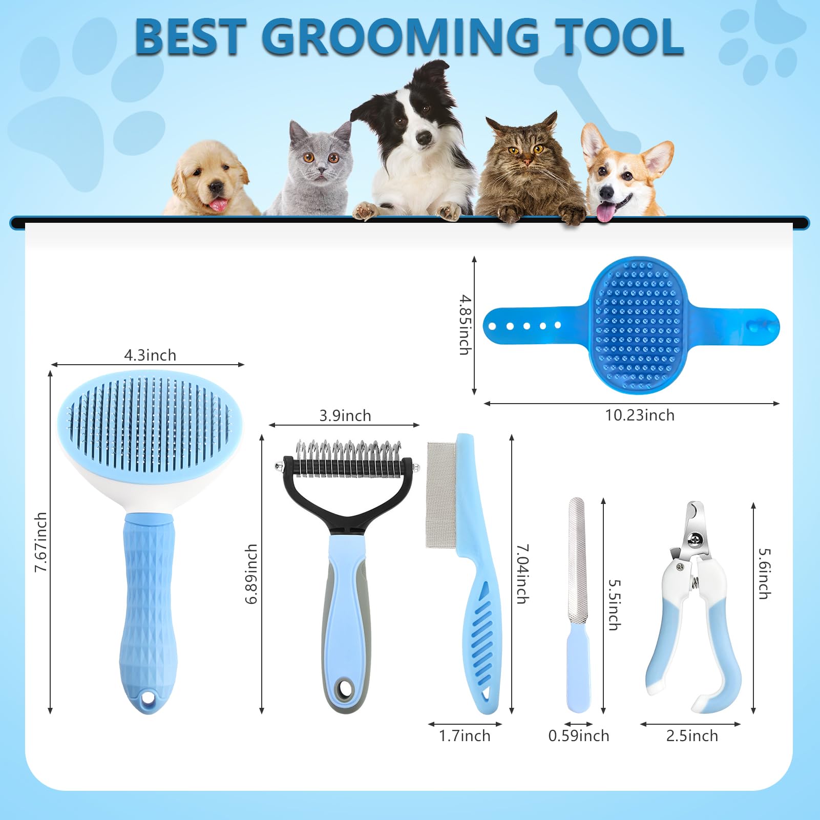 Premium 6-Piece Dog Grooming Kit - Shedding Brush, Dematting Comb, Nail Clipper with File, Flea Comb & Bath Brush for Dogs & Cats | Blue Pet Care Set for Home Grooming & Shed Control
