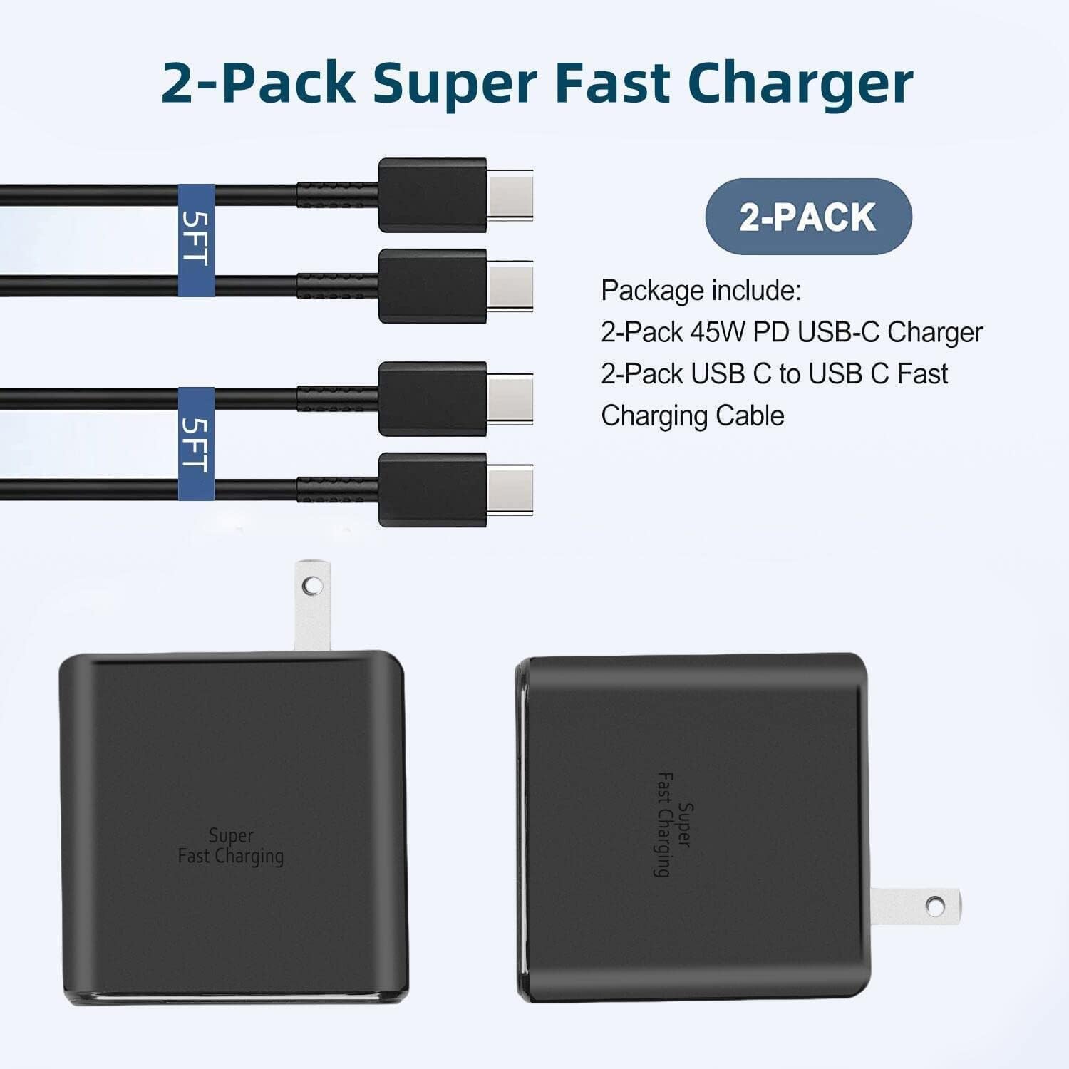 2-Pack 45W USB C Fast Charger with 5ft Cable - PPS Super Fast Charging for Samsung Galaxy S23 Ultra/S22 Ultra/S23+/S23/S22+/S22/S21/Note 20/10 Plus & Tab S8+/S7+ - Perfect for Home, Office & Travel Charging Needs