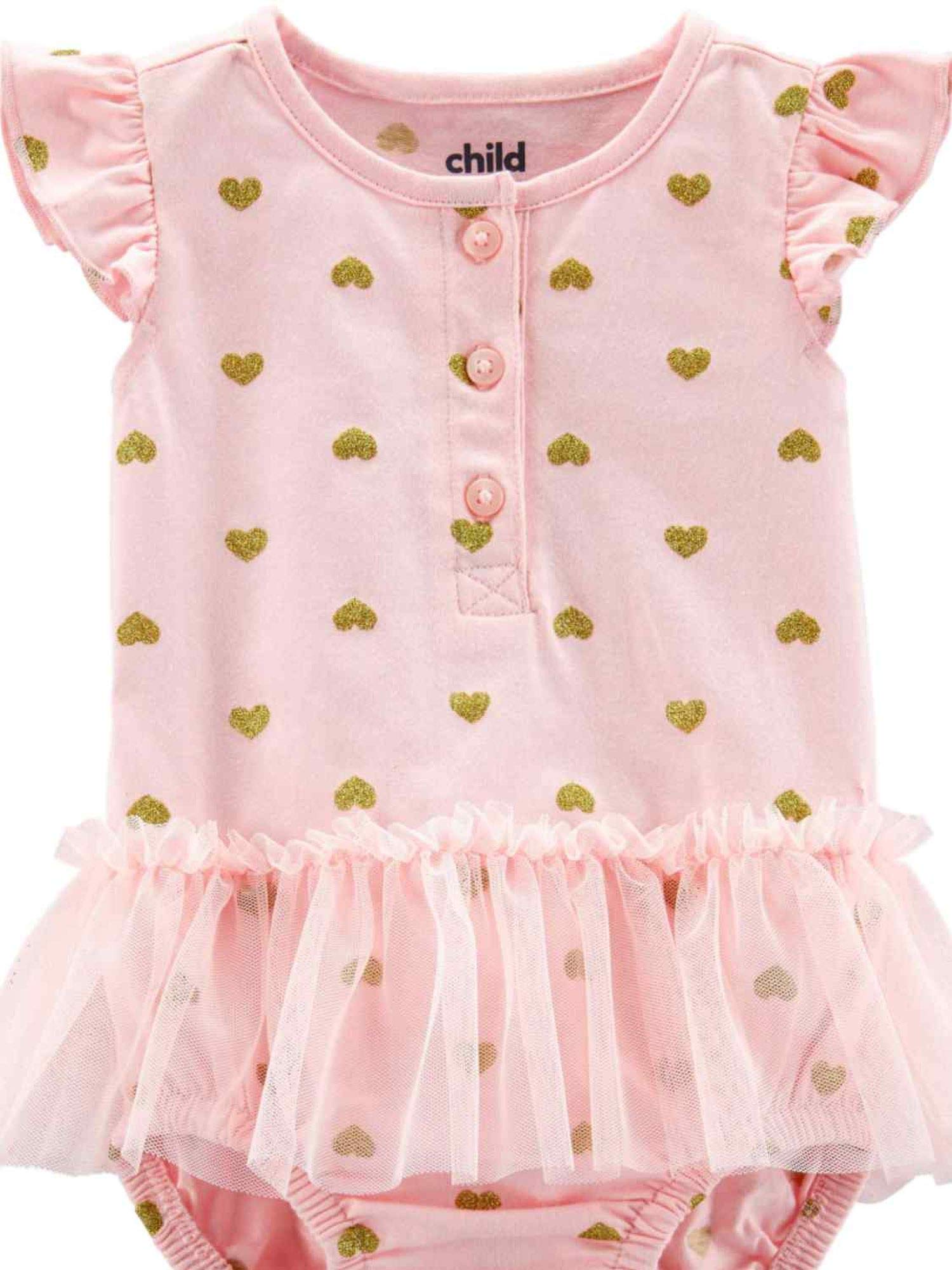 Carters Baby Girls Pink Glitter Heart Tutu Romper Bodysuit - Soft Cotton Infant Onesie for Newborn Photos, Birthday Outfits & Special Occasions