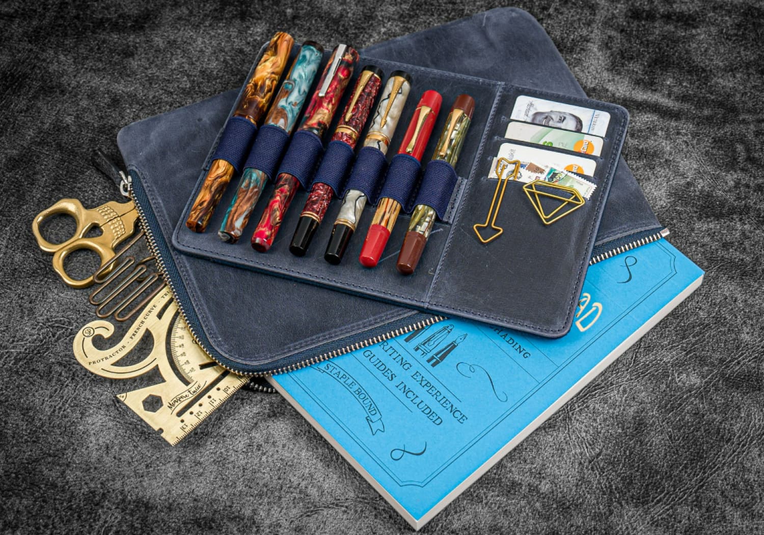 Galen Leather Zippered Writer's Bank Bag - Premium Crazy Horse Navy Blue Leather Organizer for Pens, Cash & Documents | Perfect for Writers, Students & Office Professionals