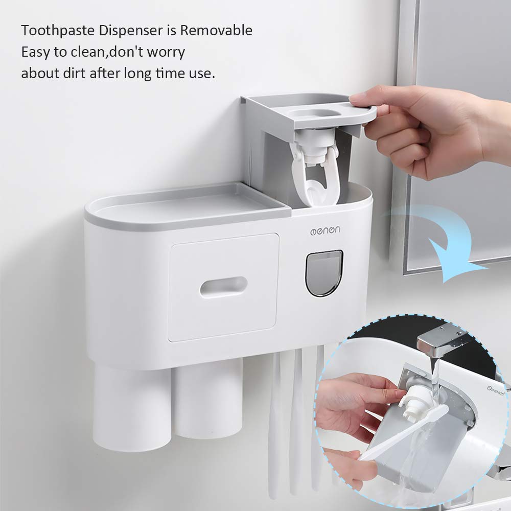 STRAWBLEAG Wall-Mounted Toothbrush Holder with Automatic Toothpaste Dispenser - 4 Toothbrush Slots, 2 Cups & Storage Drawer - Space Saving Bathroom Organizer for Home, Apartment, Dorm (White) - Perfect for Small Bathrooms and Family Use
