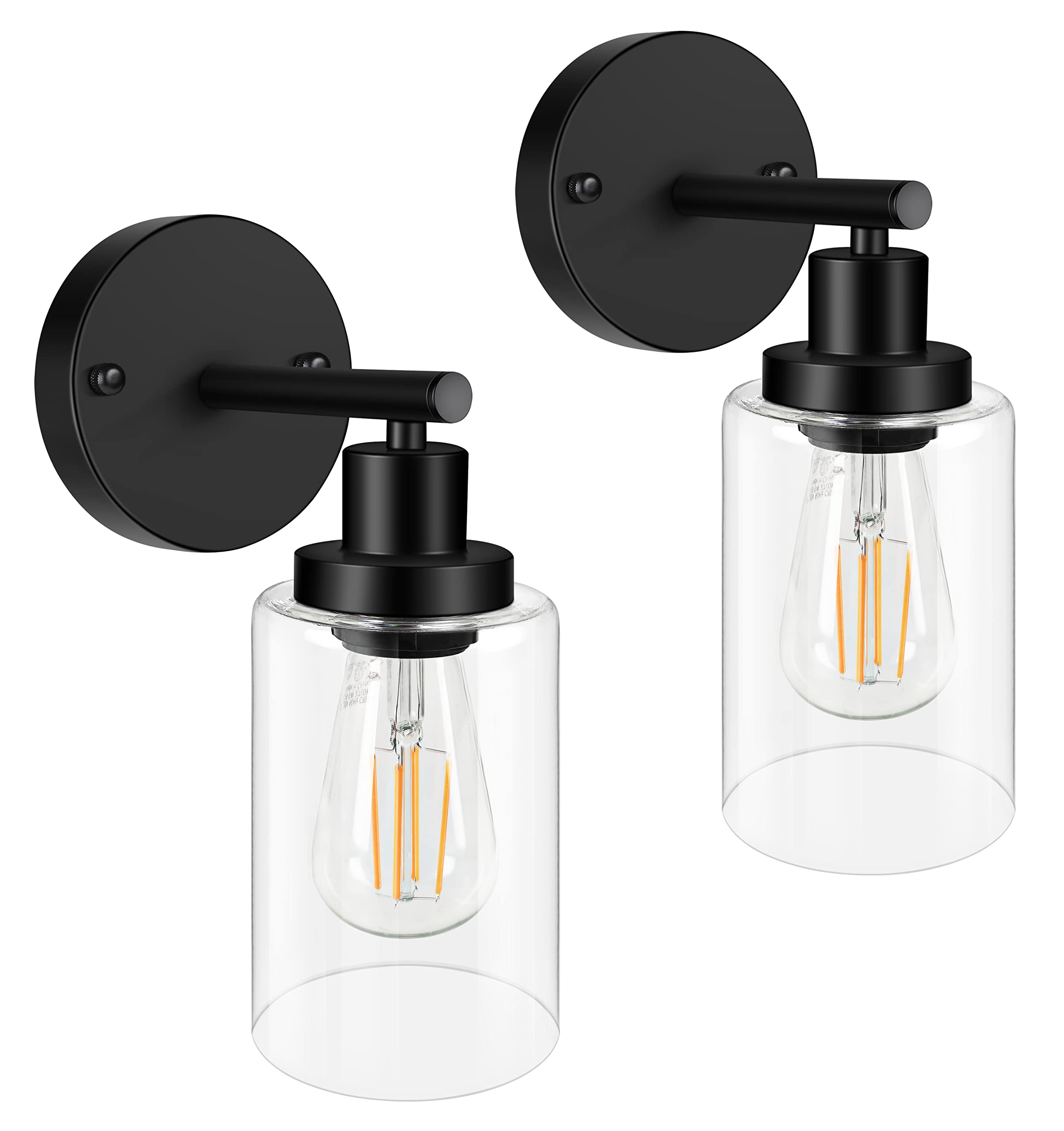 Modern Matte Black Wall Sconces Set of 2 - Clear Glass Shade Vanity Lights for Living Room, Bedroom & Kitchen - E26 Base (Bulbs Not Included) - Perfect for Hallway Lighting, Mirror Illumination & Home Decor