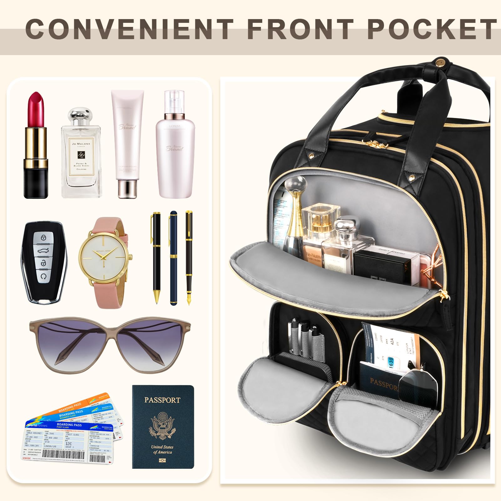 Airline Approved Underseat Carry On Luggage with Wheels - Lightweight Rolling Suitcase with Multiple Compartments & Leather Handle - Perfect Personal Item Bag for Women in Black Gold (Size L) - Ideal for Business Travel, Weekend Getaways & Airplane Cabins