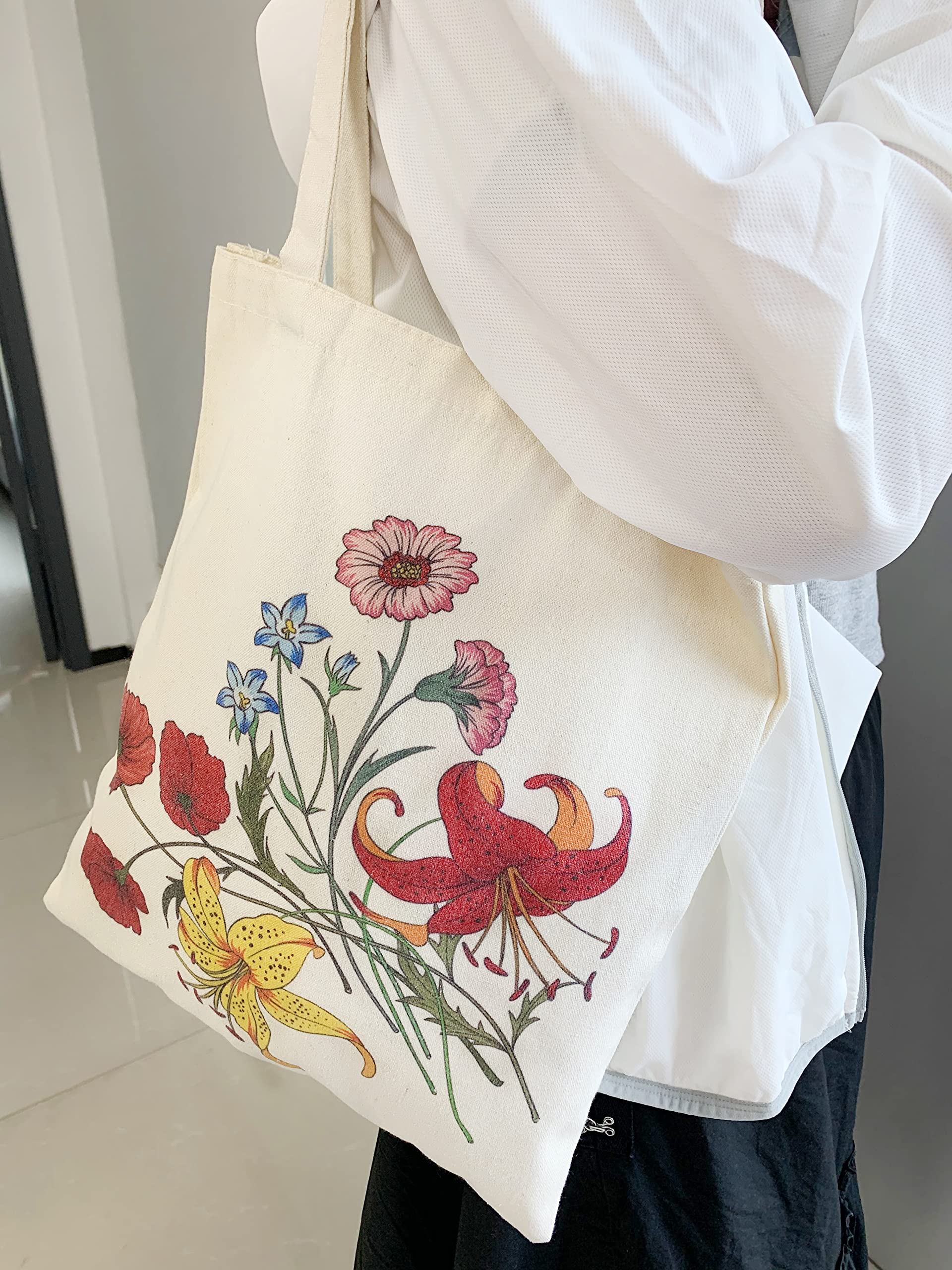 Floral Botanical Canvas Tote Bag for Women - Reusable Grocery Shopping Bag with Cute Cat Design - Perfect for Teachers, Beach Trips & Farmers Market Use