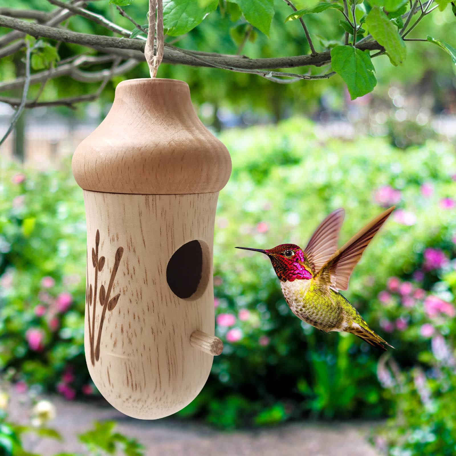 Wooden Hummingbird House for Indoor & Outdoor Garden Decor - Attract Hummingbirds to Your Backyard, Patio or Balcony | Perfect Garden Gift for Bird Lovers