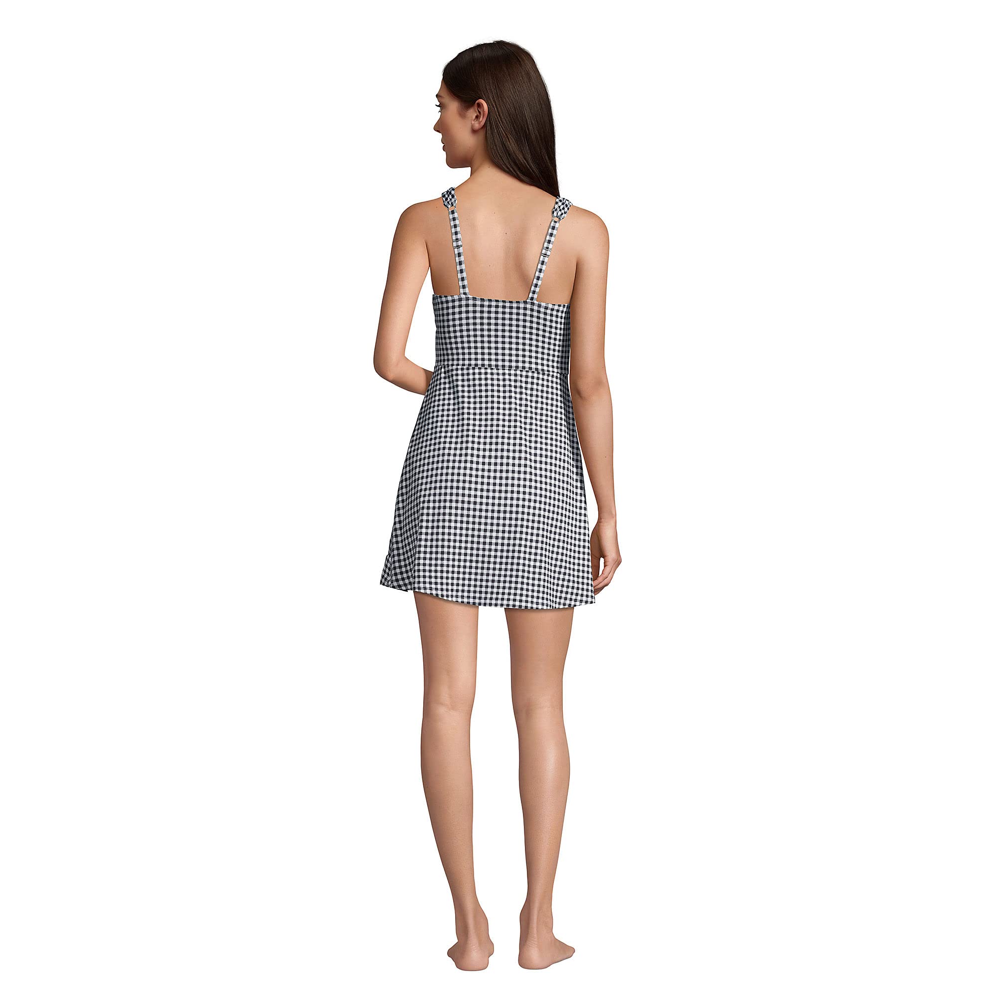 Lands' End Women's Chlorine Resistant Surplice Swim Dress - Control Black/White Gingham - Size 10 | Perfect for Beach Vacations, Pool Parties & Summer Getaways