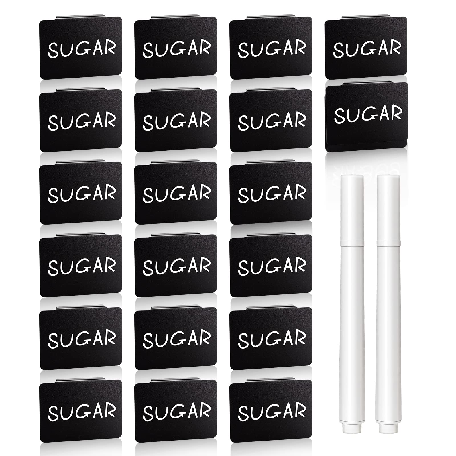 Plastic Basket Label Clip - 20 Pack Bin Clip Labels with 2 White Chalk Markers - Pantry Storage Box Label Holder for Kitchen, Office & Home Organization - Perfect for Organizing Baskets, Shelves and Storage Containers