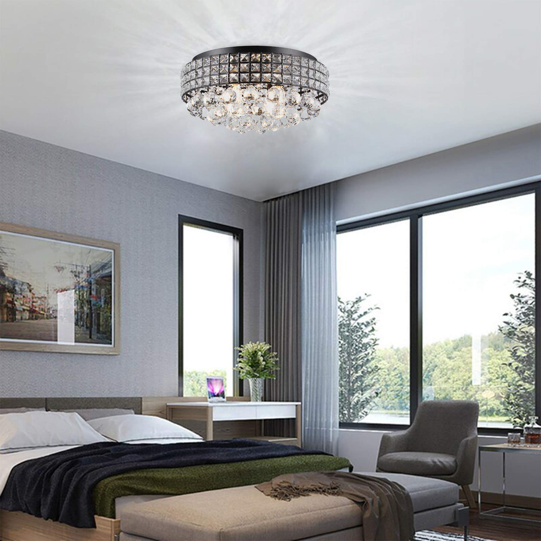 Modern Bronze Crystal Chandelier - 4-Light Flush Mount Ceiling Fixture with Raindrop Crystals - 15.75
