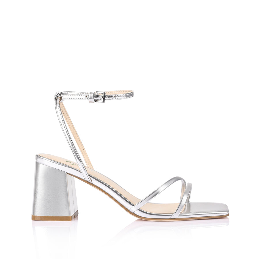 Stevie Block Heel Sandals for Women - Silver Metallic Chunky Heel Summer Sandals | Comfortable Dressy Shoes for Weddings, Parties & Office Wear