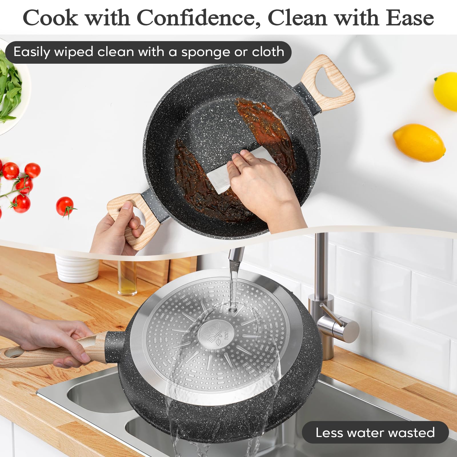 12-Piece Nonstick Cookware Set - Black Granite Induction Pots and Pans Set | PFAS, PFOA, PFOS Free | Healthy Kitchen Cooking Set with Frying Pans, Saucepans & Steamer | Perfect for Home Chefs, Daily Cooking & Family Meals
