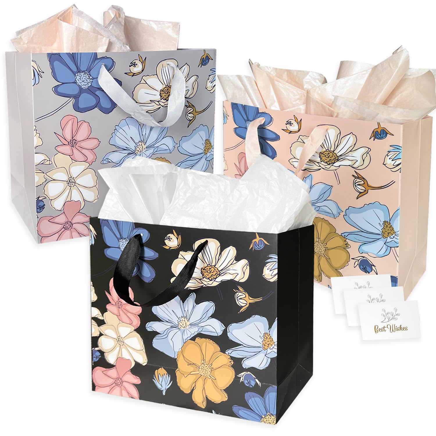 AMROSE 13'' Floral Gift Bags 3PK with Card - Recyclable for Birthdays & Weddings