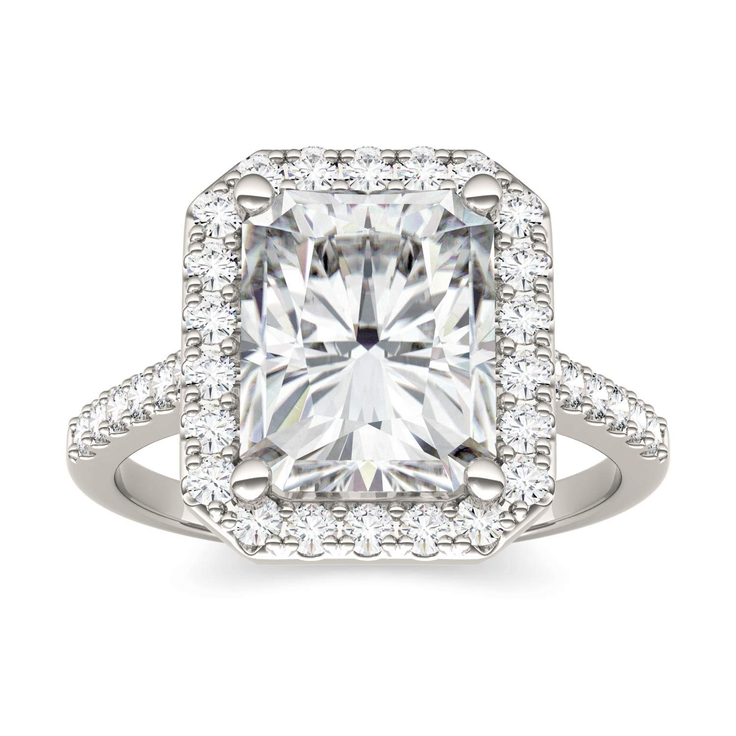 Charles & Colvard Created Moissanite 10x8mm Radiant Cut Engagement Ring for Women | 4.41cttw Lab-Grown Diamond Alternative | 14K White Gold with Rhodium Plating | Wedding, Proposal, Anniversary Gift