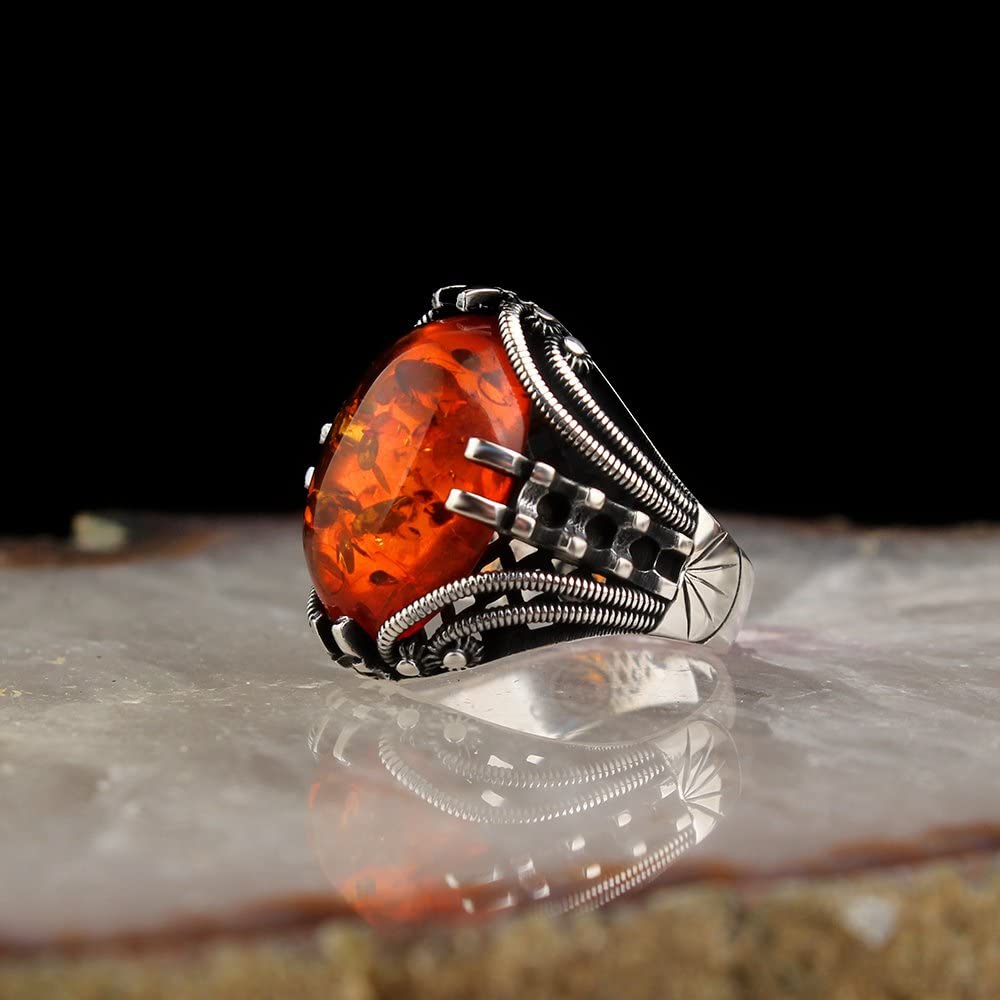 Sterling Silver Blue Tiger Eye Ring for Men - Handmade Cabochon Amber Jewelry - Elegant & Stylish Gift for Him - Perfect for Weddings, Anniversaries & Special Occasions