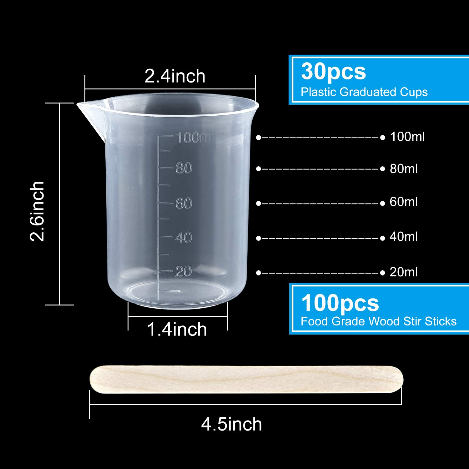 Coopay 30 Pack 100ml/3.4oz Clear Plastic Beakers with 100 Wooden Stir Sticks - Epoxy Resin Mixing Cups, Graduated Measuring Beakers for DIY Crafts, Art Projects, Jewelry Making & Science Experiments