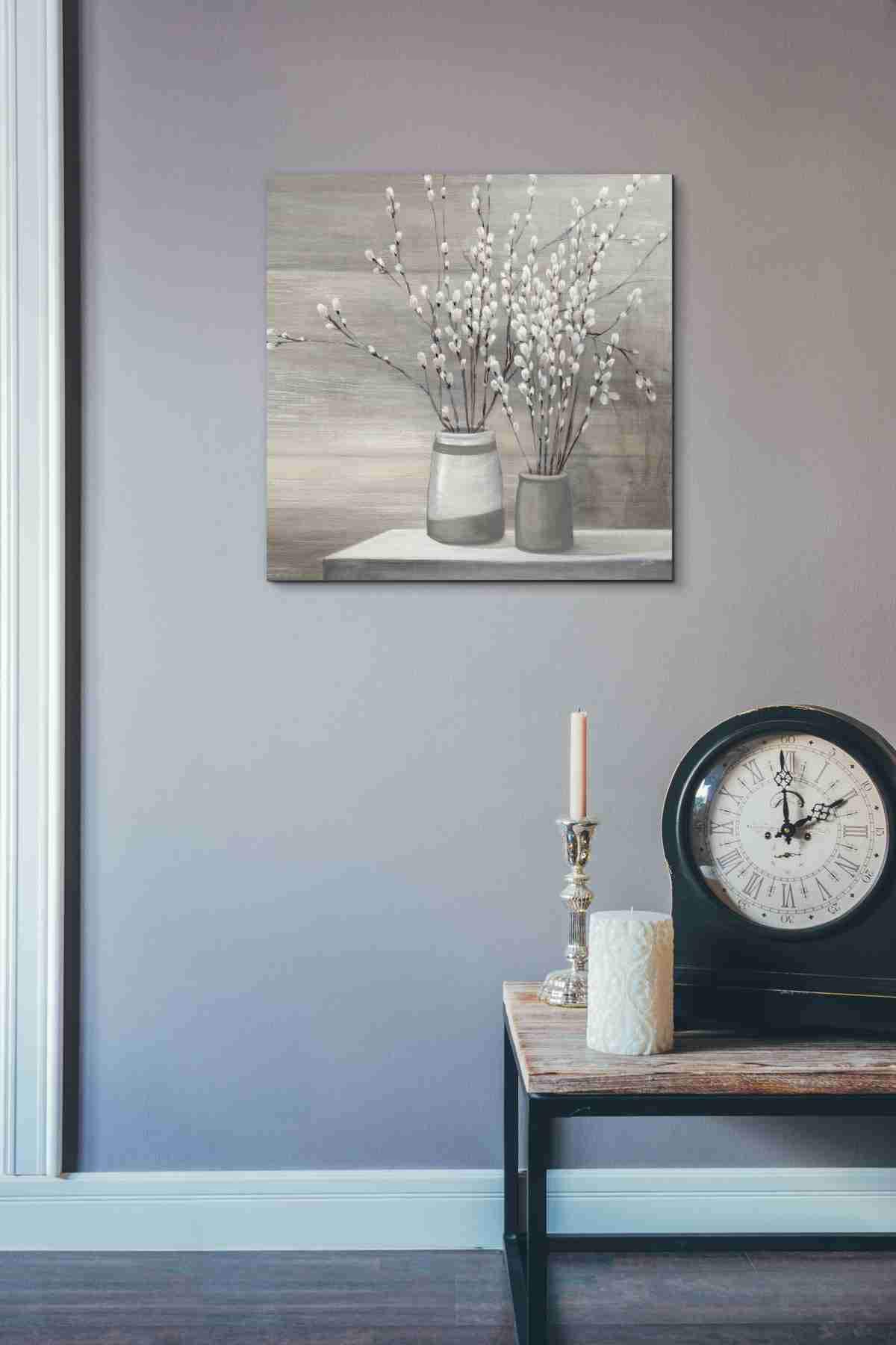 Julia Purinton 'Pussy Willow Still Life Gray Pots' Canvas Wall Art Print 26x26 Inches - Perfect for Living Room, Bedroom & Office Decor
