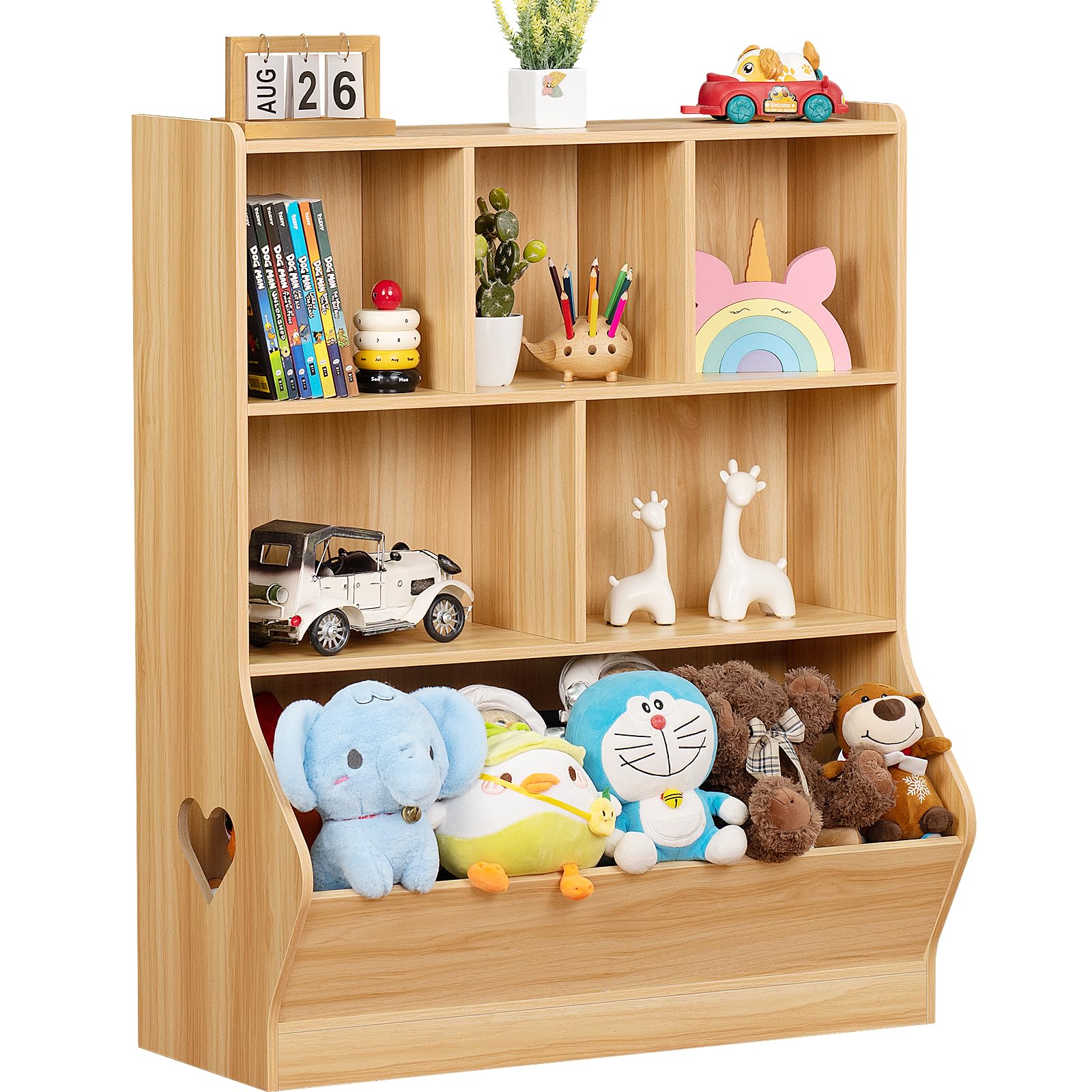 Lerliuo 3-Tier Kids Toy Storage Organizer & Bookshelf - 7-Cubby Wooden Toy Cabinet for Playroom, Bedroom, Nursery - Natural Wood Children's Bookcase (29.53