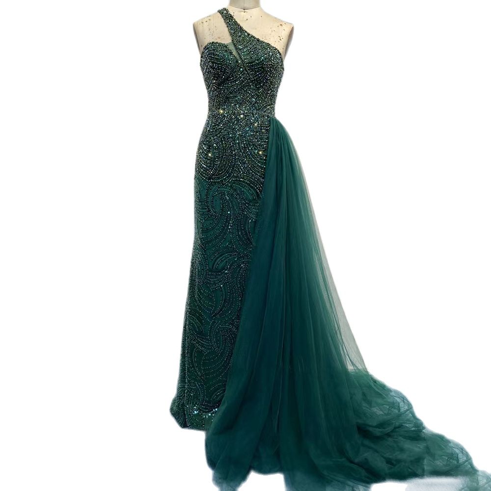 Elegant Green Mermaid Evening Gown with Overskirt - One Shoulder Beaded Luxury Dress for Women 2025 | Perfect for Prom, Gala & Formal Parties