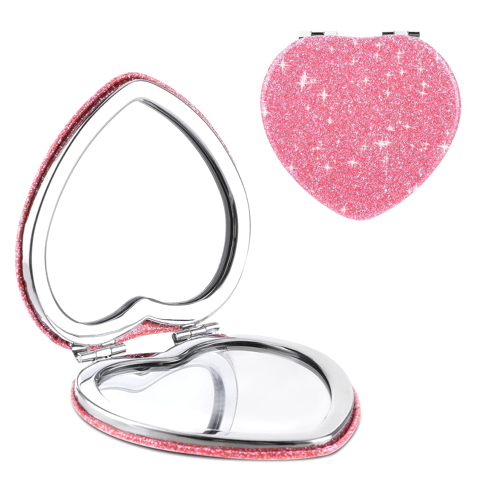 Heart-Shaped Compact Folding Vanity Mirror with Magnifier - Double-Sided Glitter Makeup Mirror for Women, Portable Travel Cosmetic Mirror for Purse - Perfect for Home, Office & Travel Beauty Touch-Ups