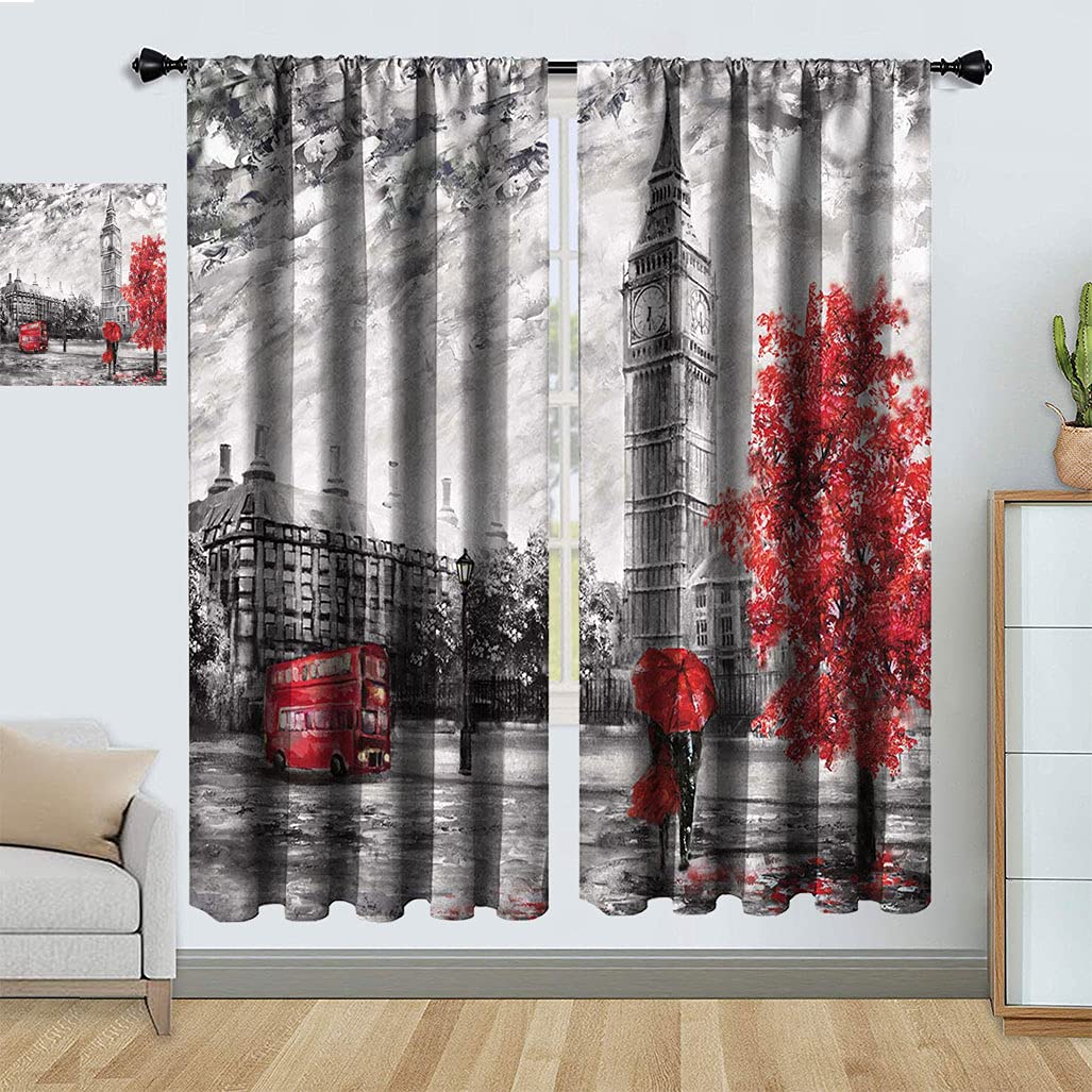 London Cityscape Blackout Curtains - Big Ben & Double Decker Bus Oil Painting Design, 96x90 Inch Living Room Window Drapes (2 Panels, Black/White/Red) | Perfect for Bedroom, Theater Room & Light Blocking
