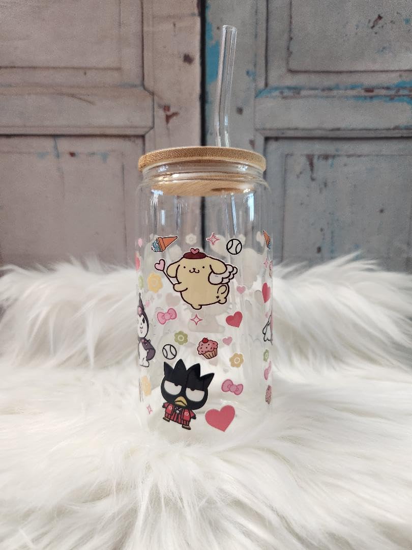 Hello Kitty Glass Can with Lid & Straw - 16oz Mason Jar Cup for Drinks & Snacks