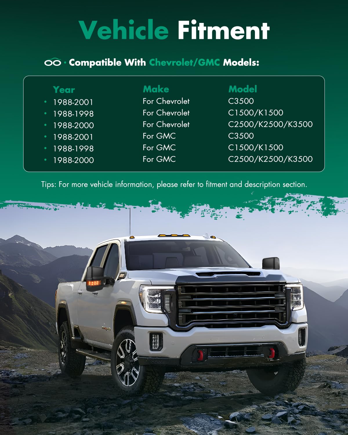 SCITOO Manual Telescoping & Folding Towing Mirrors - Compatible with 1988-1998 Chevy/GMC C/K 1500 2500 3500 & 1992-1999 Suburban/Tahoe/Yukon - Power Control Non-Heated - Perfect for Towing Trailers, Boats & RVs