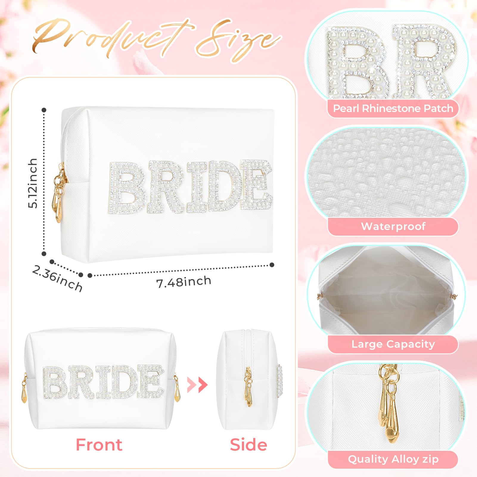 Pearl Rhinestone Bridal Makeup Bag - Waterproof PU Cosmetic Pouch for Wedding & Travel
