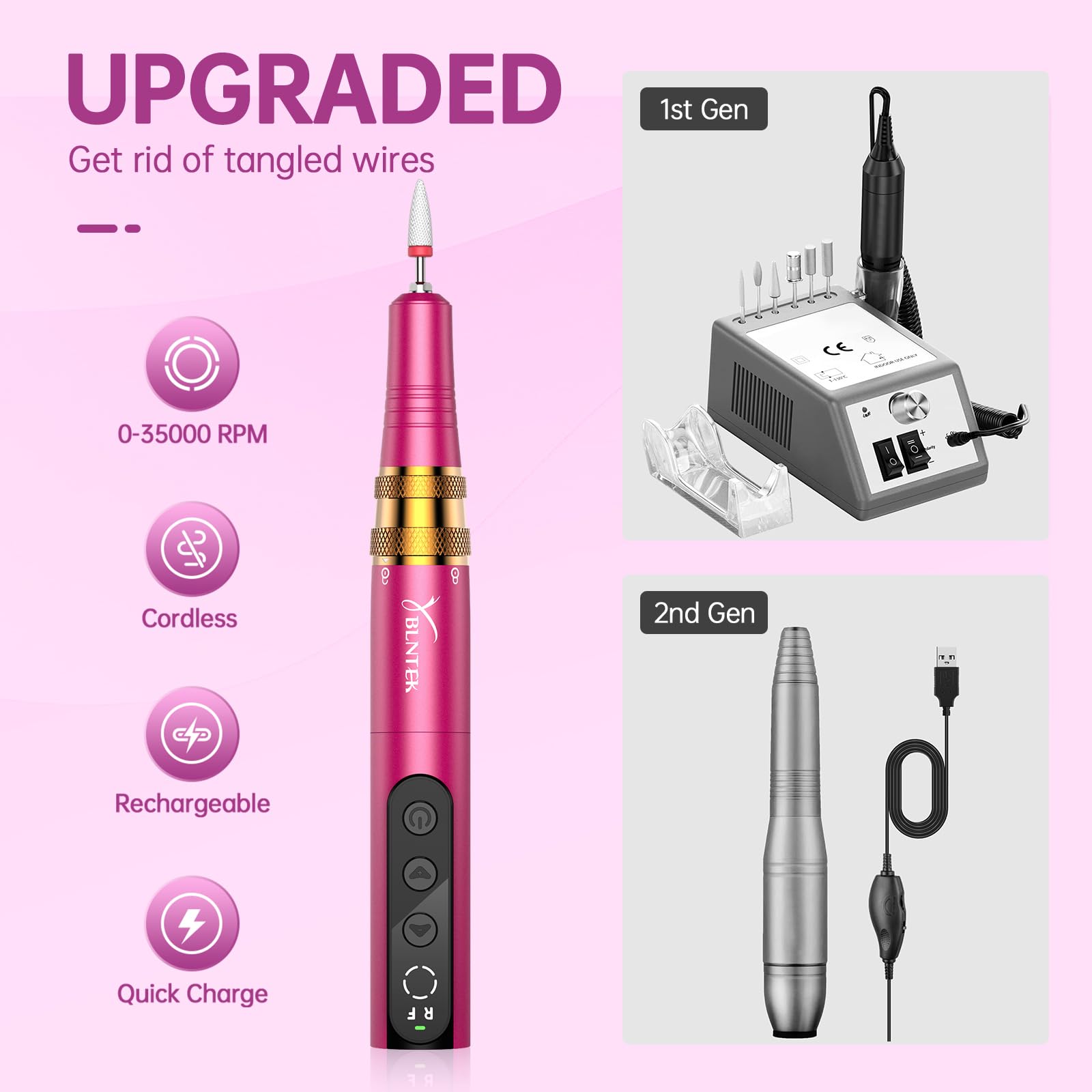 Professional Cordless Electric Nail Drill Machine - 35000RPM Rechargeable Nail File with 5 Adjustable Speeds | Manicure Pedicure Kit for Acrylic, Gel Nails Polishing & Shaping | Perfect for Home Salon, Nail Artists & DIY Nail Care