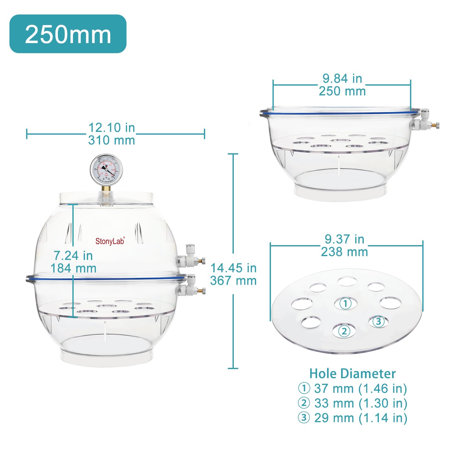 Stonylab 250mm PC Vacuum Desiccator with Silicone Seal & Dual Valve System - Thickened Material for Lab Use, Science Experiments, Chemical Storage & Moisture-Sensitive Applications
